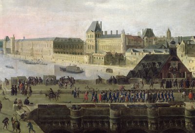 Uitzicht op de Pont-Neuf en de rivier de Seine stroomafwaarts, detail van de brug en het Louvre, c.1633 (detail) door Flemish School